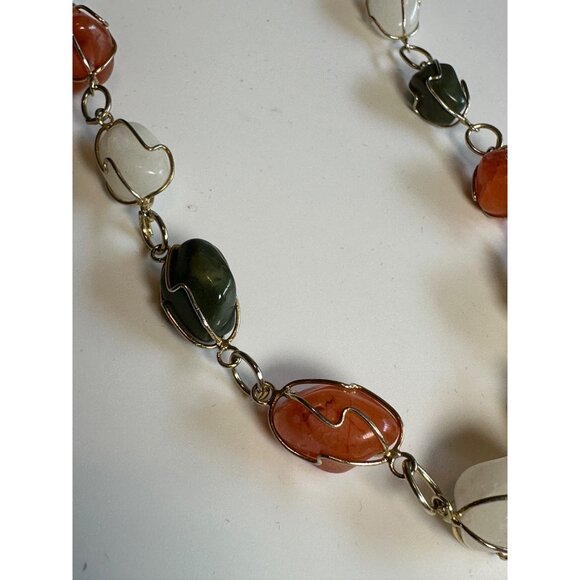 Vtg Wire Caged Gemstone Gold Tone Necklace Multi-Color 23" Boho Granny core - Picture 3 of 5